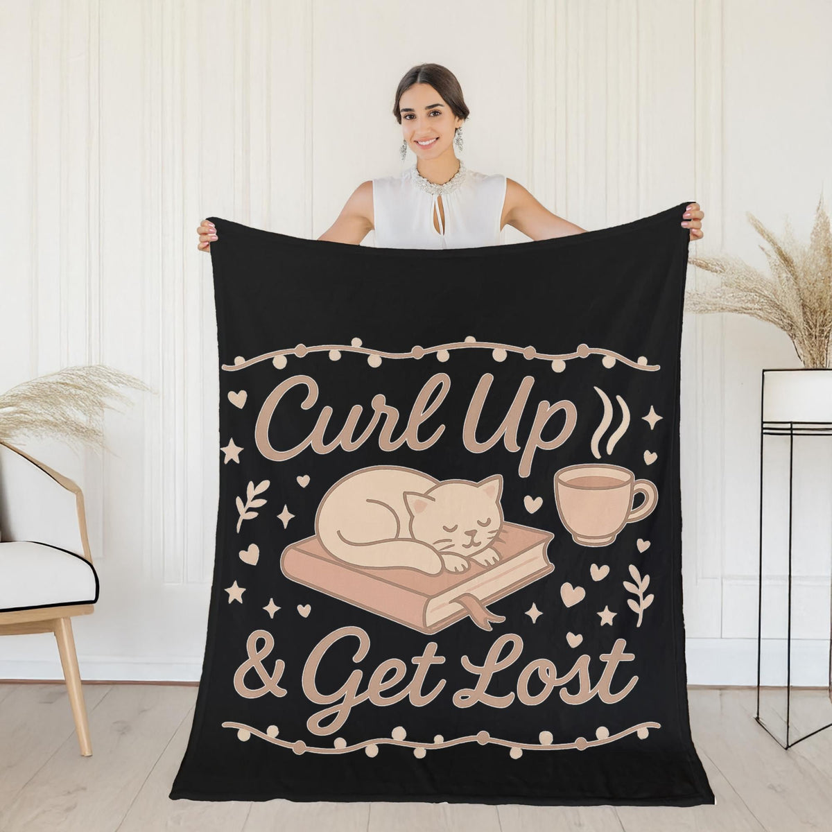 Cozy Cat & Book Fleece Blanket Gift for Readers