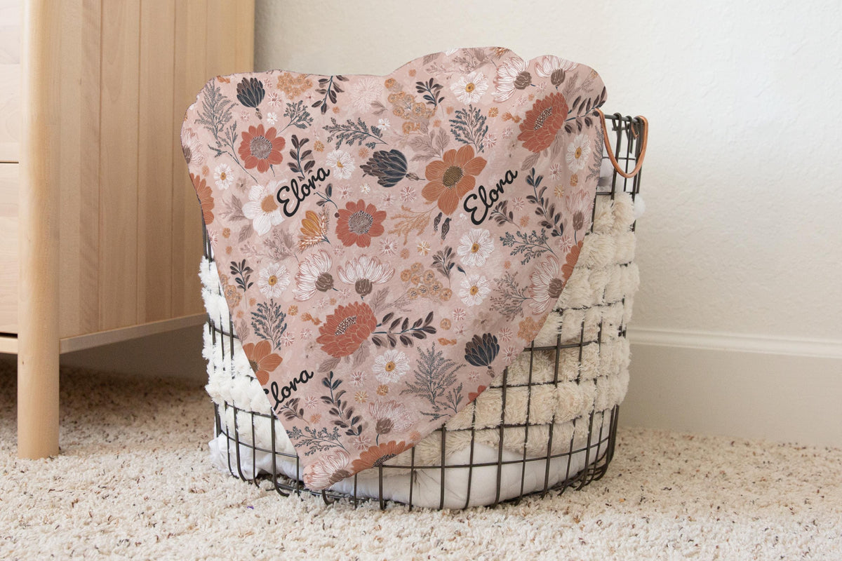 Personalized Boho Baby Blanket: Blush Pink Floral Minky, Custom Name