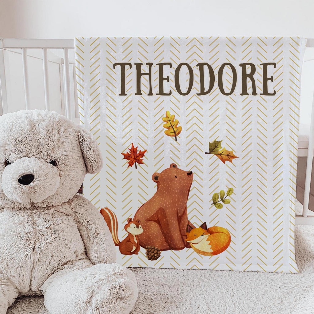 Personalized Woodland Baby Blanket: Fall Animals, Custom Name Fleece