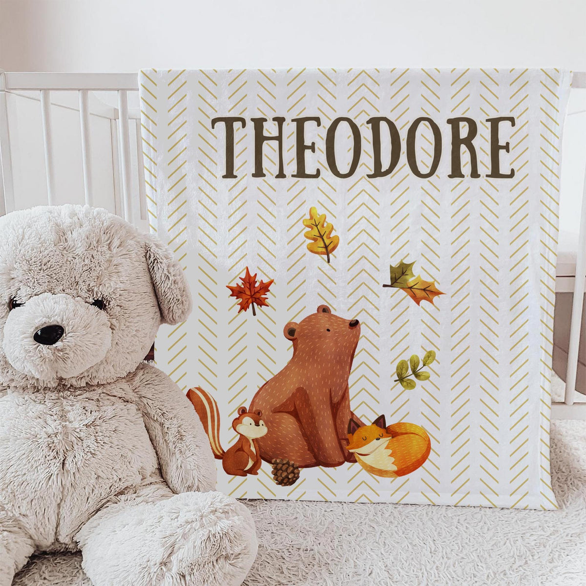 Personalized Woodland Baby Blanket: Fall Animals, Custom Name Fleece