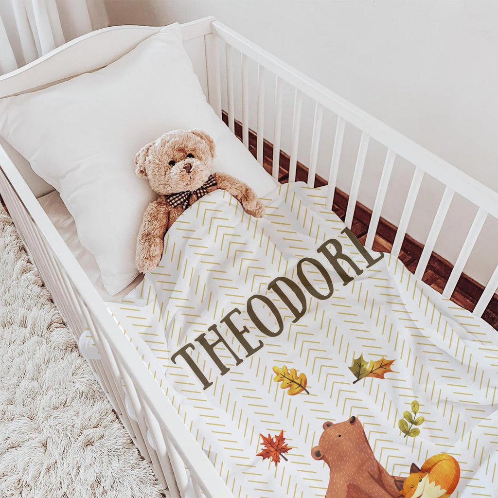 Personalized Woodland Baby Blanket: Fall Animals, Custom Name Fleece