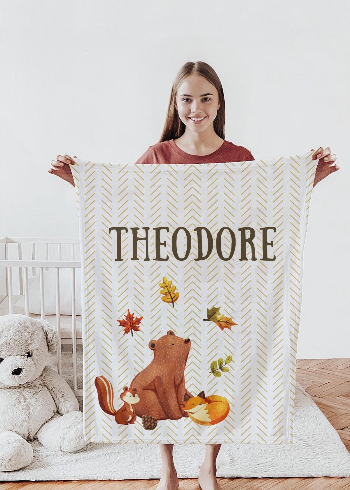 Personalized Woodland Baby Blanket: Fall Animals, Custom Name Fleece