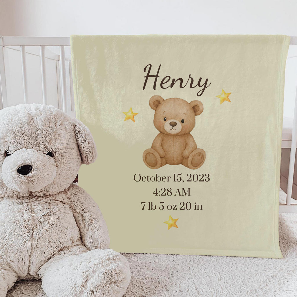 Personalized Teddy Bear Baby Blanket with Name & Birth Stats – Custom Newborn Gift