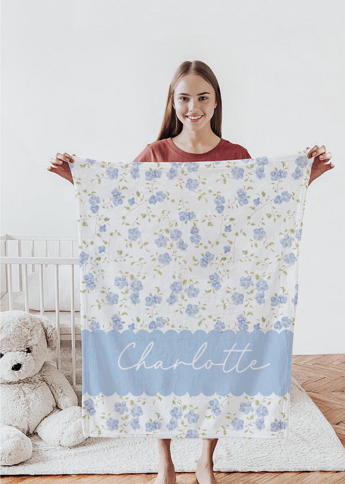 Personalized Cottagecore Floral Blanket: Blue Wildflower Girl's Name Blanket