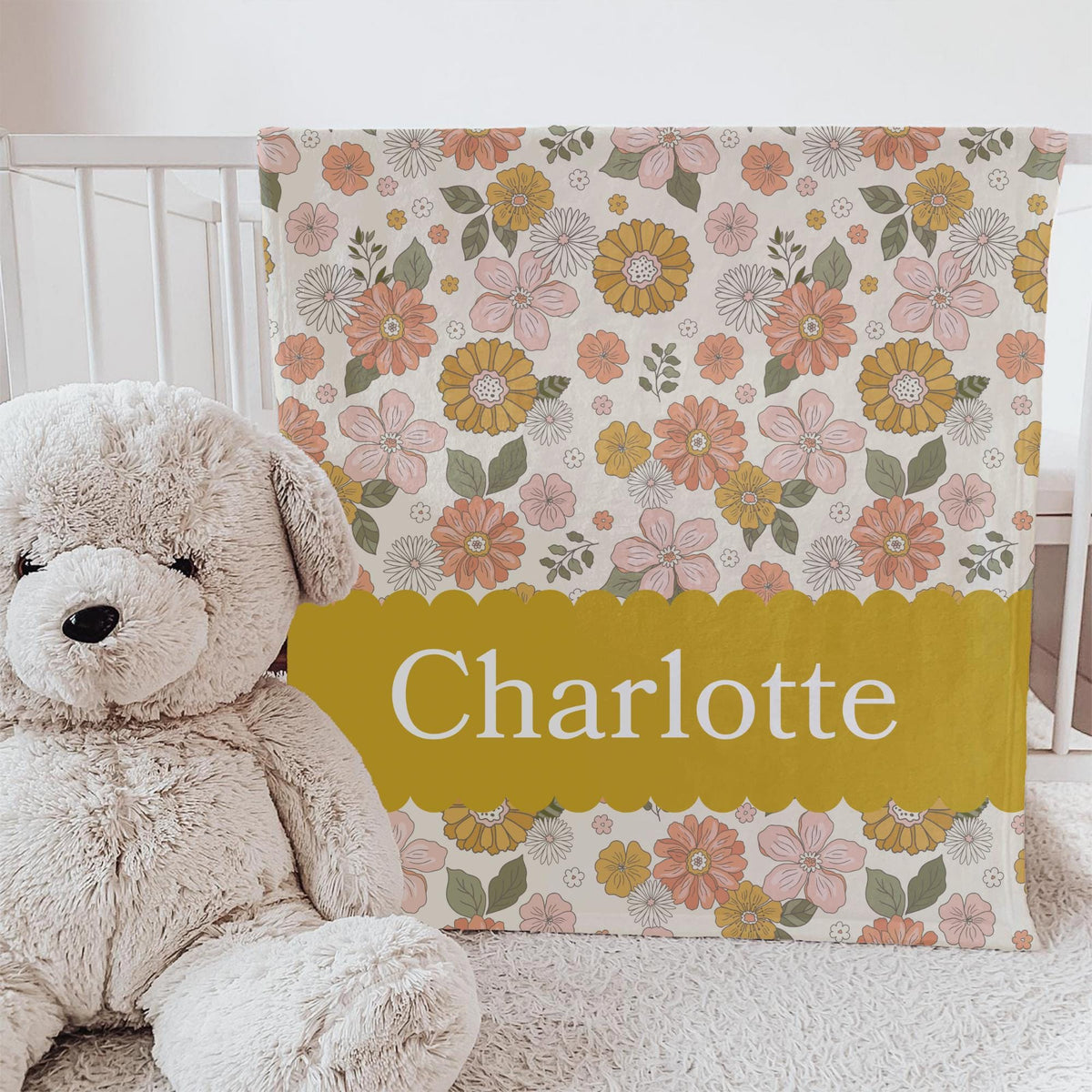 Personalized Retro Floral Blanket: Mustard & Pink Boho Decor