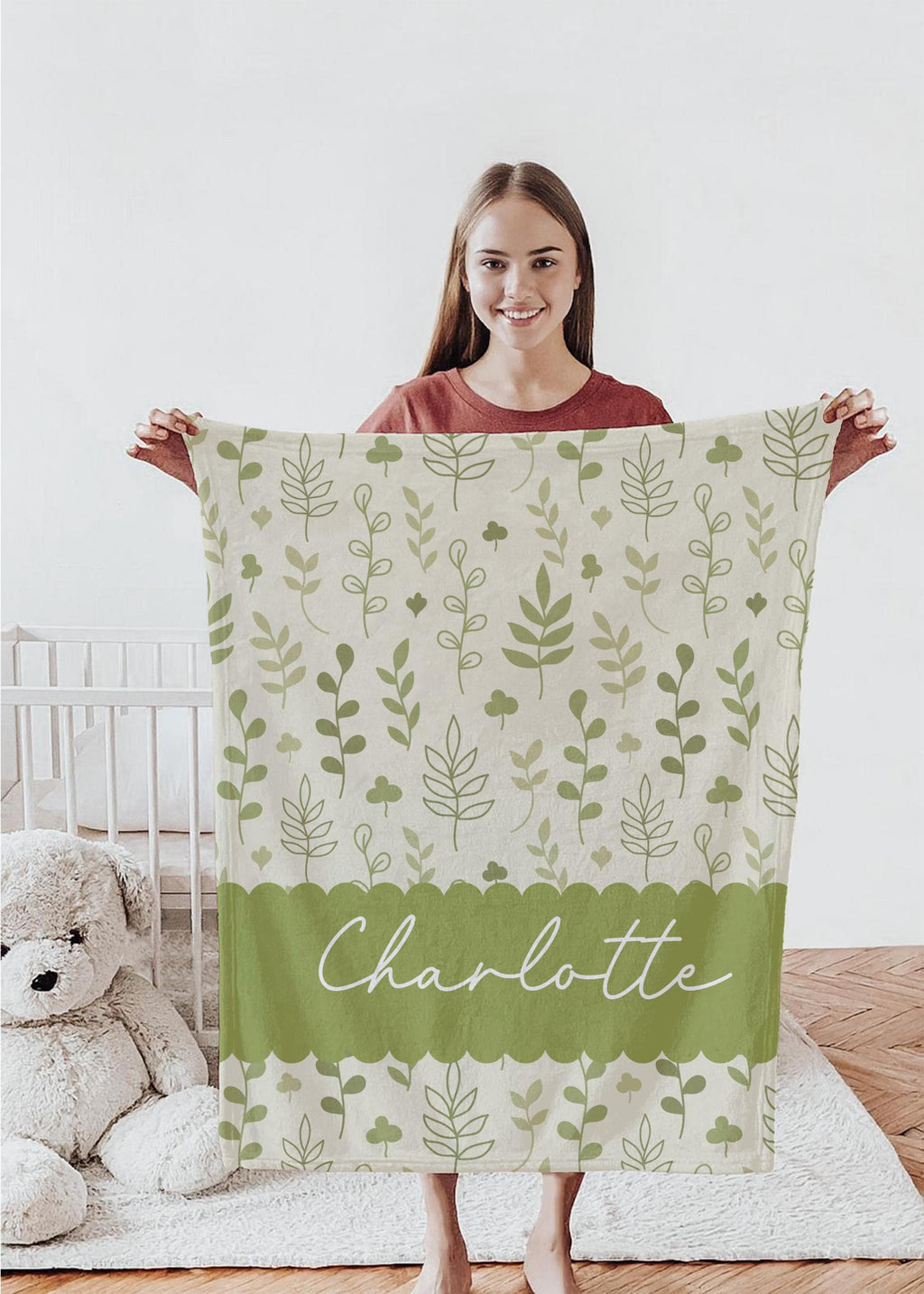 Personalized Green Botanical Blanket: Custom Leaf Name Blanket