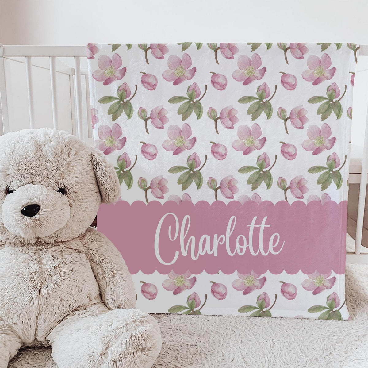 Personalized Cottagecore Floral Blanket: Blush Pink Flower Girl Name Blanket
