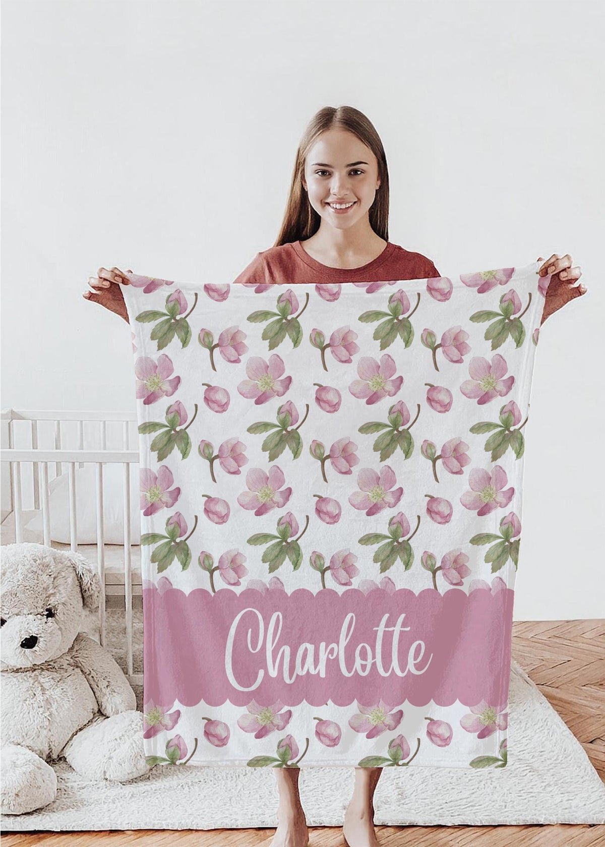 Personalized Cottagecore Floral Blanket: Blush Pink Flower Girl Name Blanket