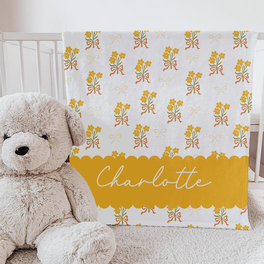 Personalized Baby Girl Blanket: Yellow Floral Bows, Plush Fleece