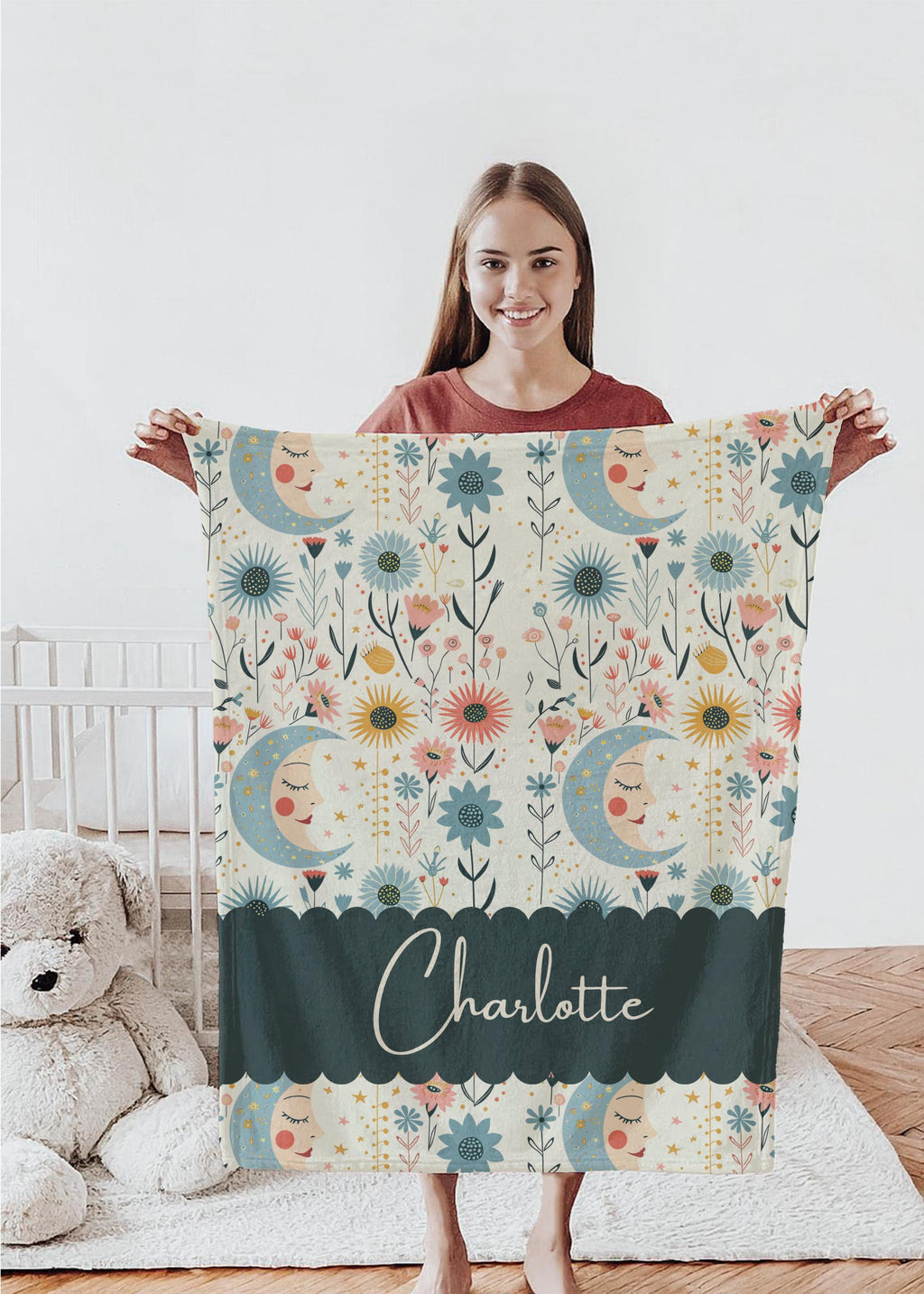 Personalized Moon & Floral Baby Blanket: Soft Fleece Nursery Throw