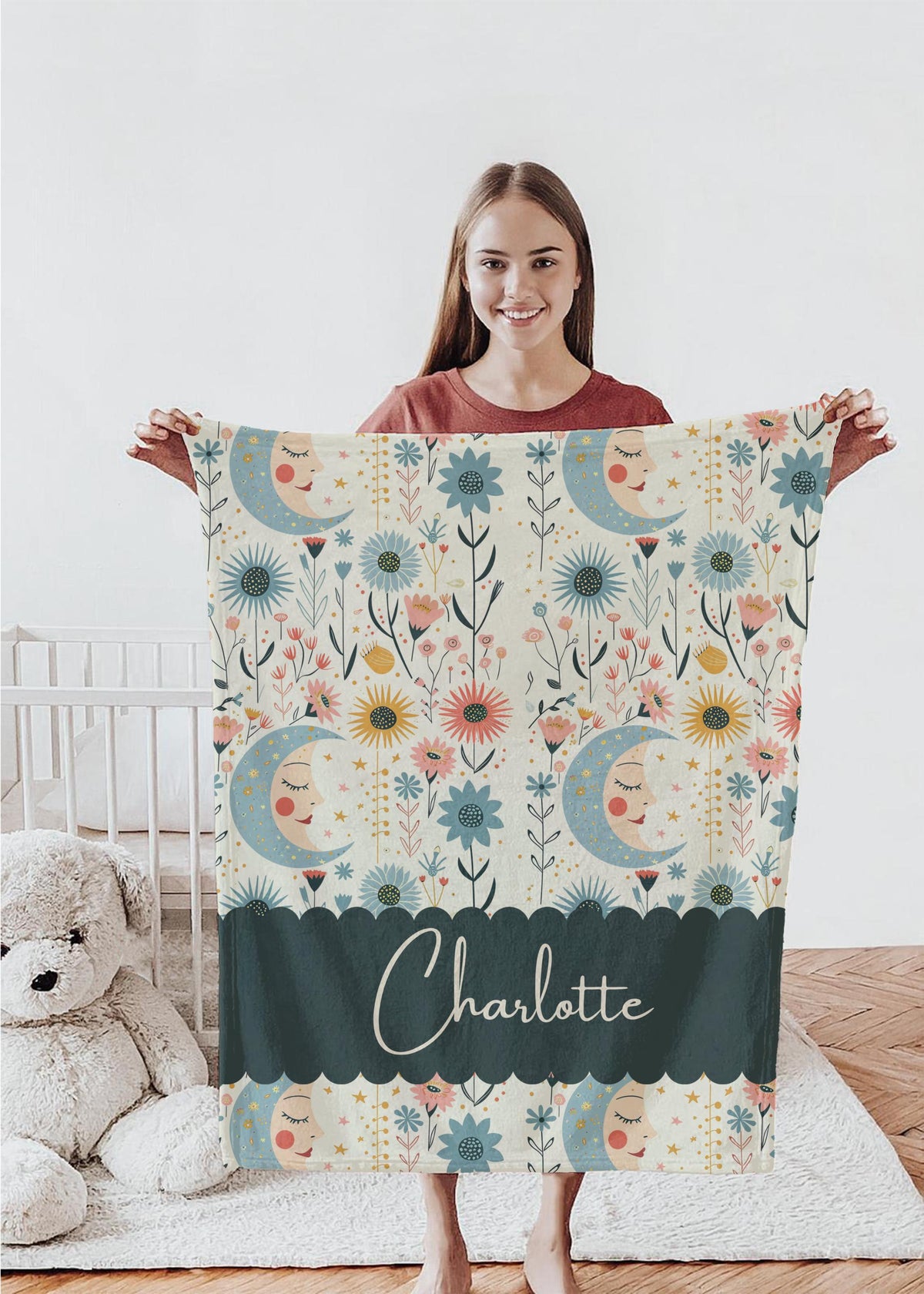 Personalized Moon & Floral Baby Blanket: Soft Fleece Nursery Throw