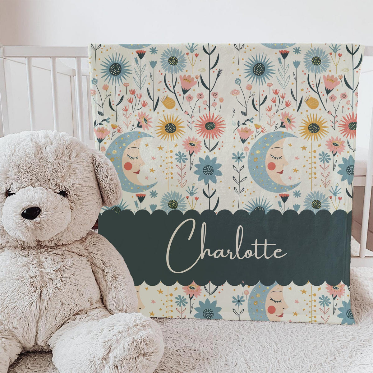 Personalized Moon & Floral Baby Blanket: Soft Fleece Nursery Throw