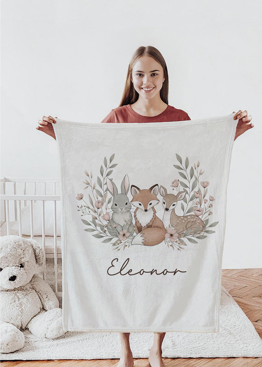 Personalized Minky Fleece Baby Blanket: Woodland Deer, Fox & Bunny