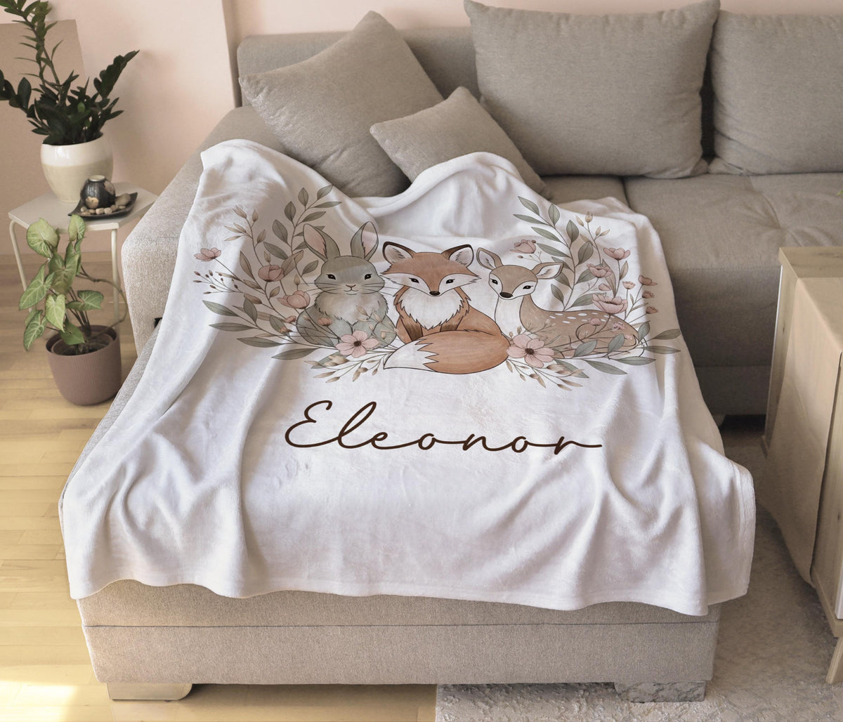 Personalized Minky Fleece Baby Blanket: Woodland Deer, Fox & Bunny