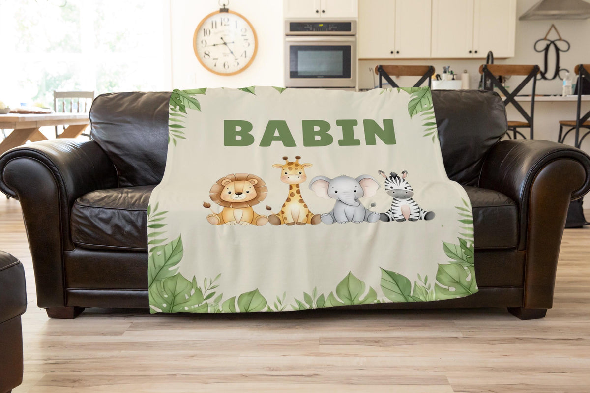 Personalized Safari Baby Blanket: Jungle Animals, Custom Name