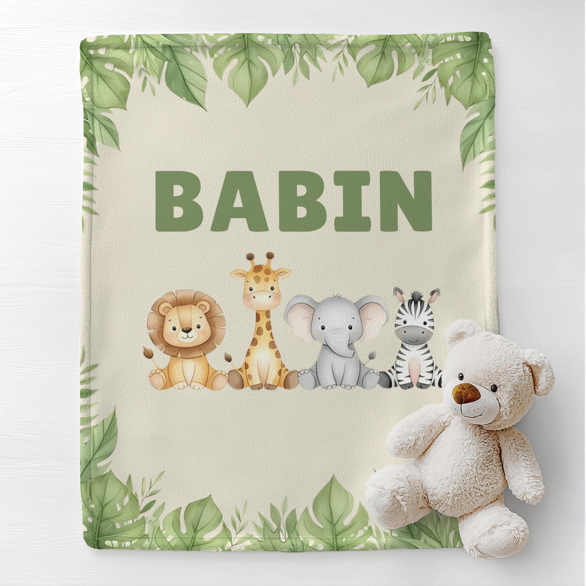 Personalized Safari Baby Blanket: Jungle Animals, Custom Name