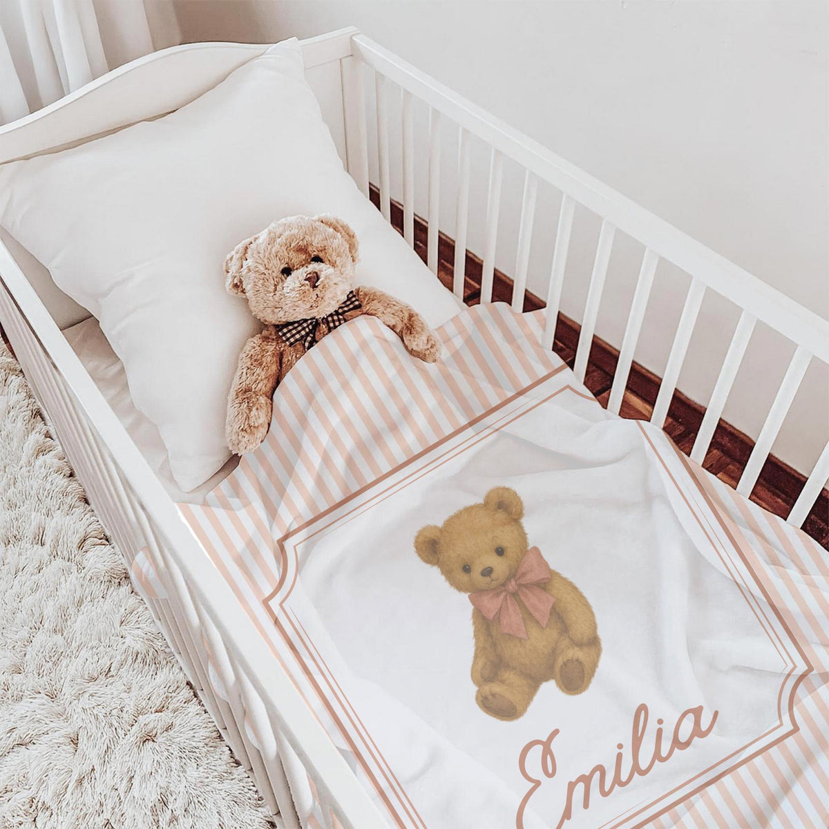 Personalized Baby Blanket: Vintage Teddy Bear, Pink Bow, Soft Fleece