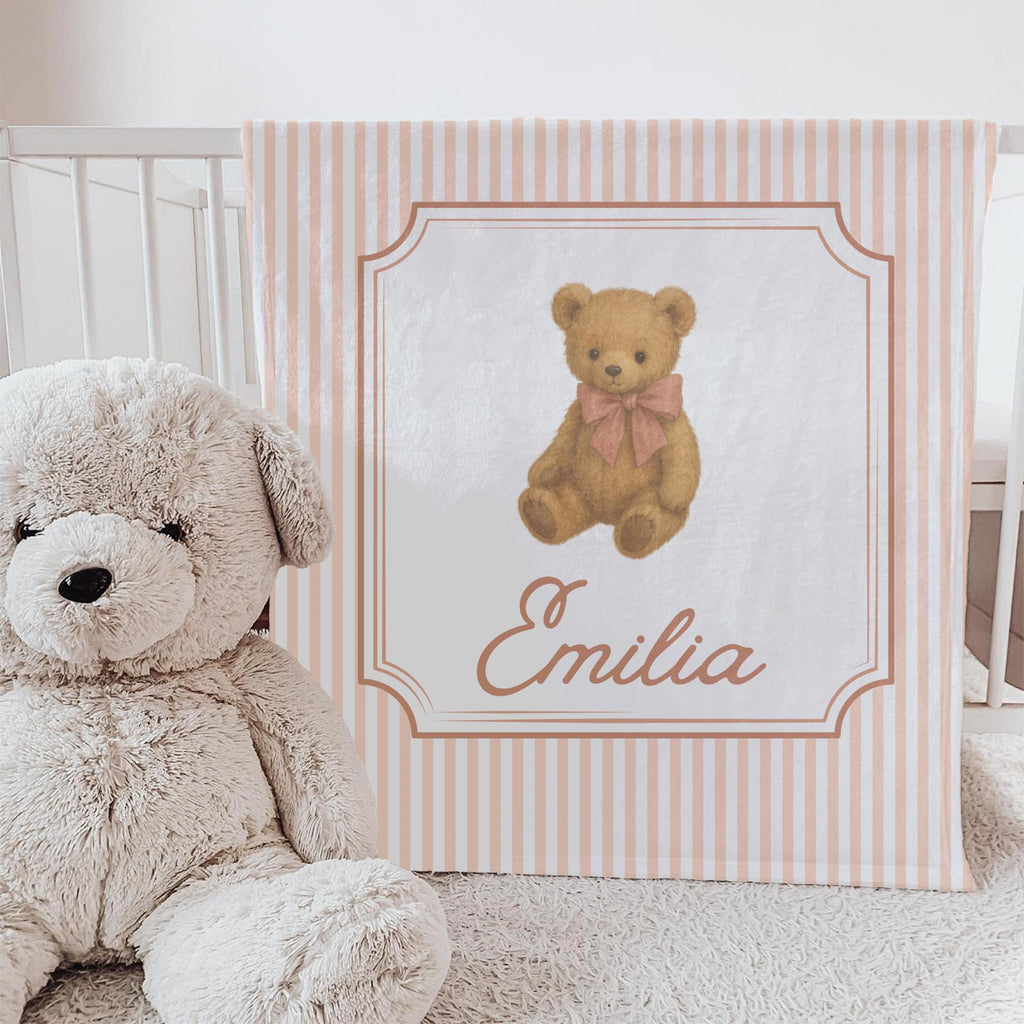 Personalized Baby Blanket: Vintage Teddy Bear, Pink Bow, Soft Fleece