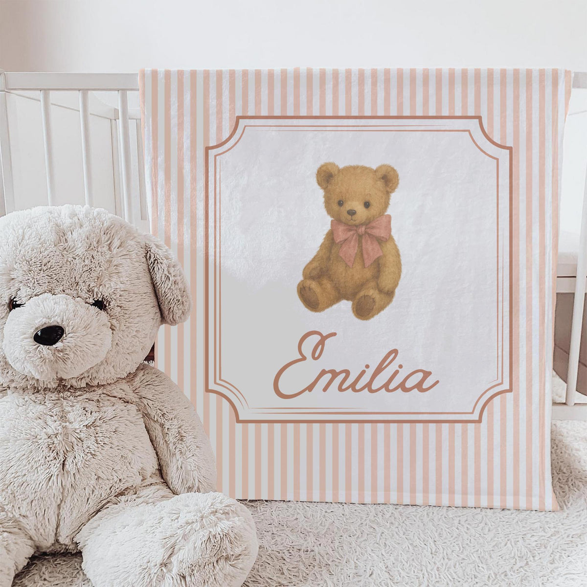 Personalized Baby Blanket: Vintage Teddy Bear, Pink Bow, Soft Fleece