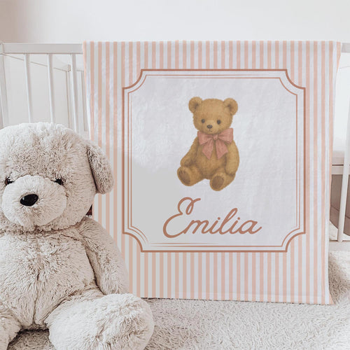 Personalized Baby Blanket: Vintage Teddy Bear, Pink Bow, Soft Fleece