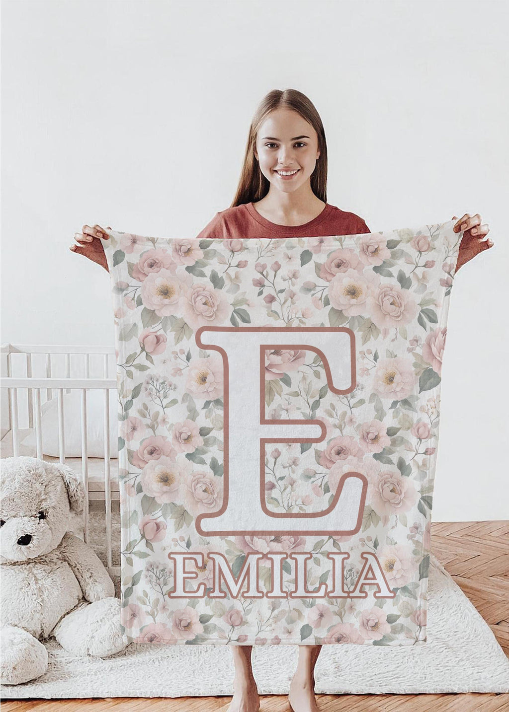 Personalized Floral Baby Blanket – Custom Name Nursery Blanket for Girls