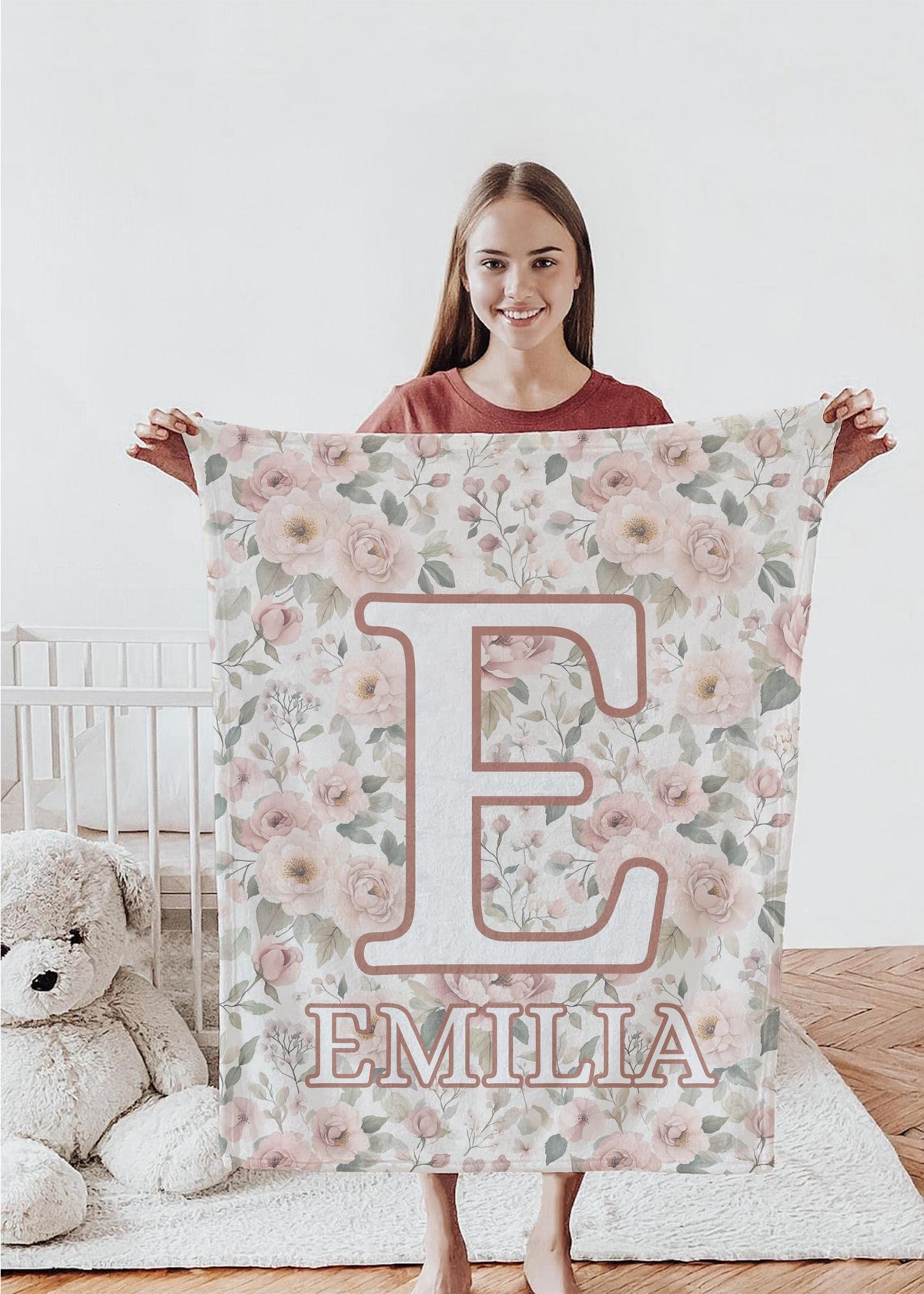 Personalized Floral Baby Blanket – Custom Name Nursery Blanket for Girls