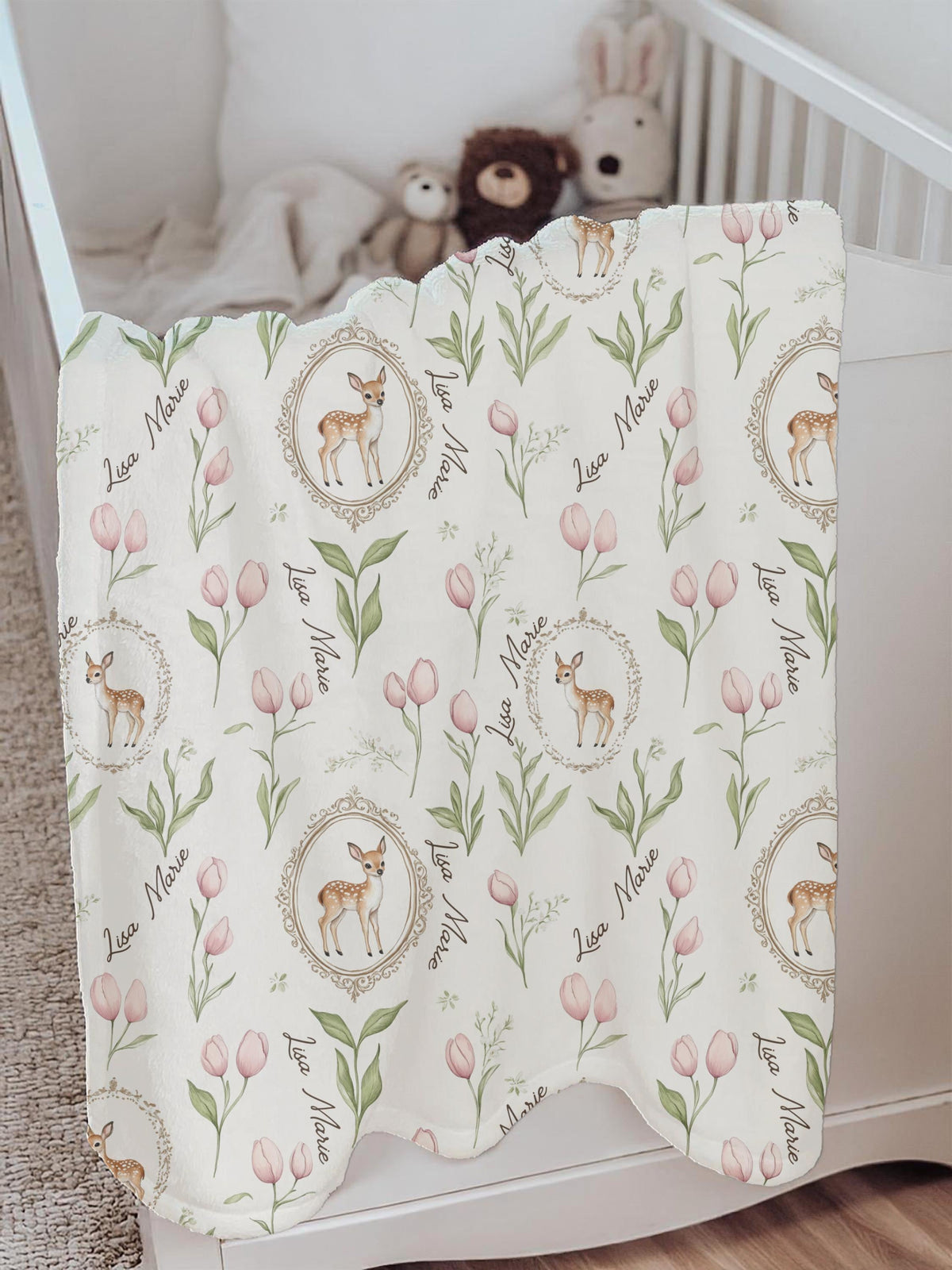 Personalized Woodland Deer Baby Blanket – Pink Tulip Floral Nursery Blanket with Custom Name