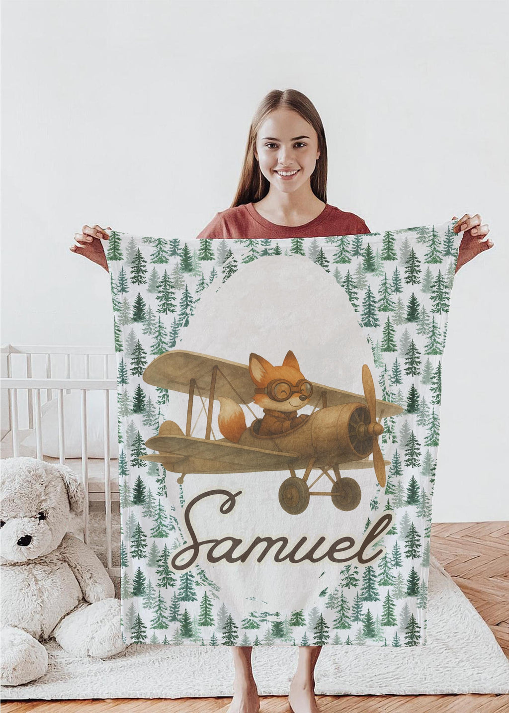 Personalized Woodland Fox Airplane Baby Blanket – Custom Name Blanket for Boys