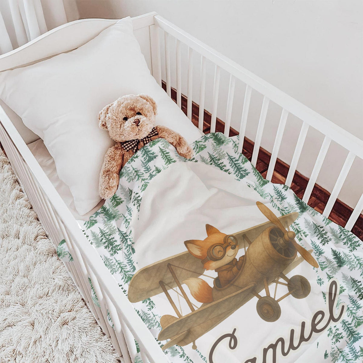 Personalized Woodland Fox Airplane Baby Blanket – Custom Name Blanket for Boys