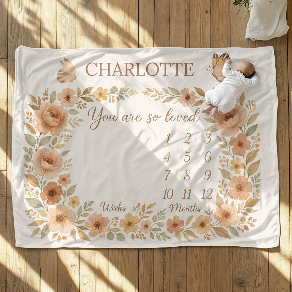 Personalized Baby Milestone Blanket: Floral Butterfly Wreath Photo Prop