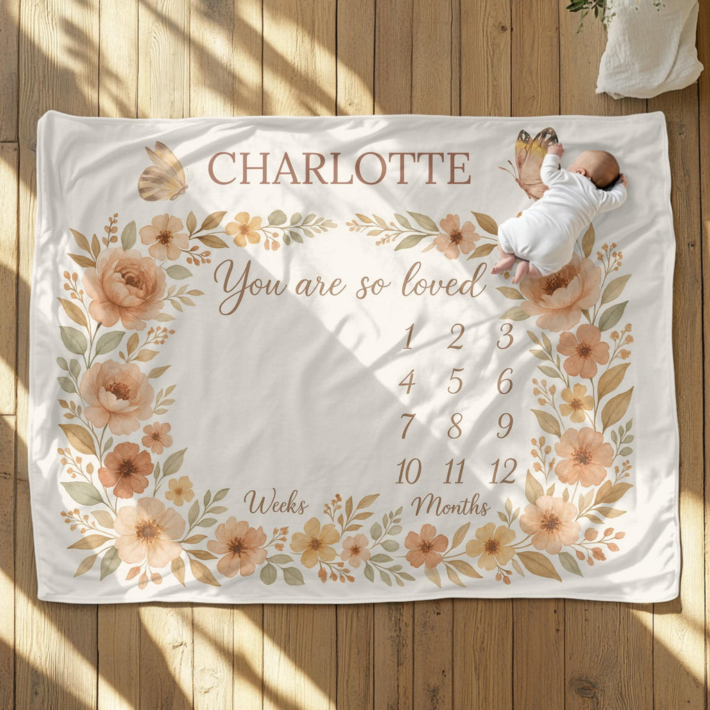 Personalized Baby Milestone Blanket: Floral Butterfly Wreath Photo Prop
