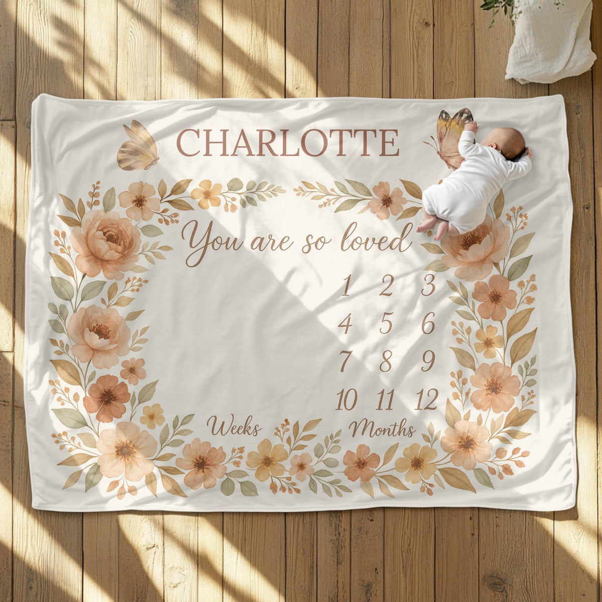Personalized Baby Milestone Blanket: Floral Butterfly Wreath Photo Prop