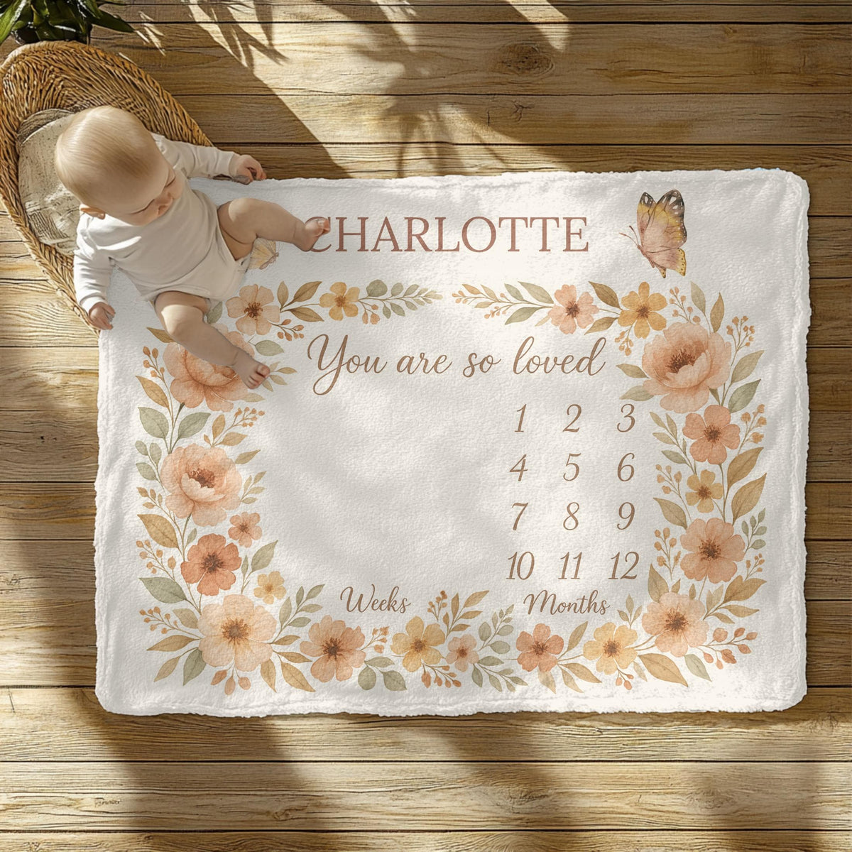 Personalized Baby Milestone Blanket: Floral Butterfly Wreath Photo Prop