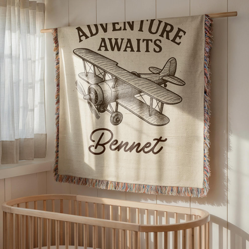 Personalized Adventure Awaits Airplane Baby Blanket – Custom Vintage Plane Nursery Throw for Boys