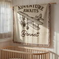 Personalized Adventure Awaits Airplane Baby Blanket – Custom Vintage Plane Nursery Throw for Boys
