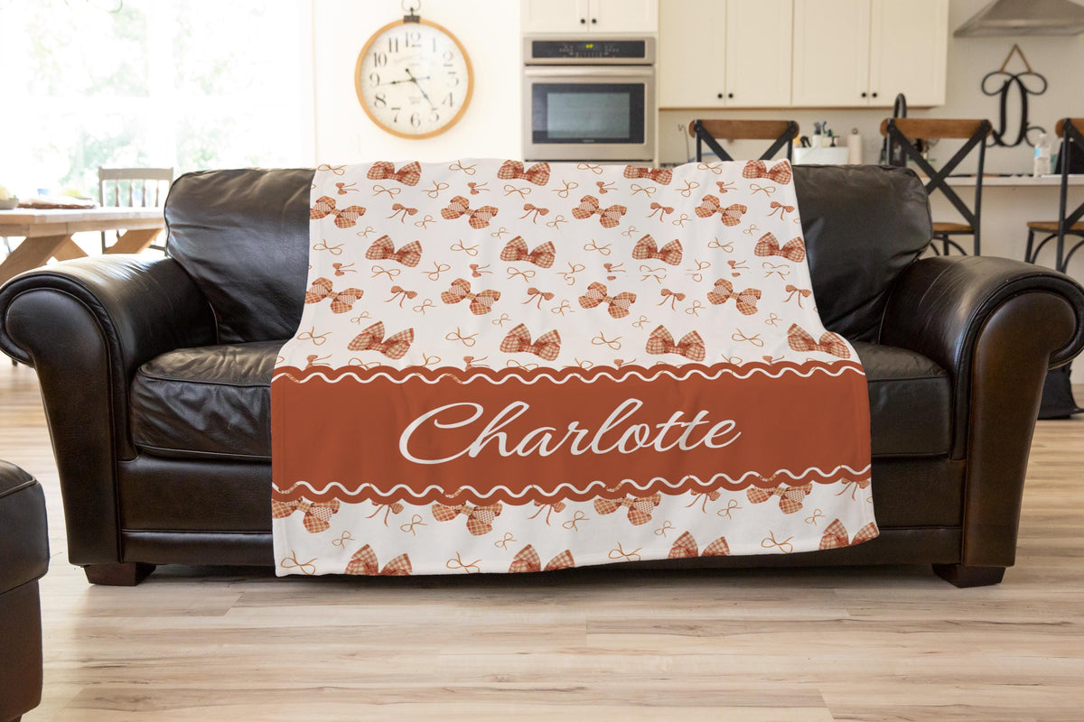 Personalized Baby Blanket: Rust Gingham Bows, Custom Name Fleece