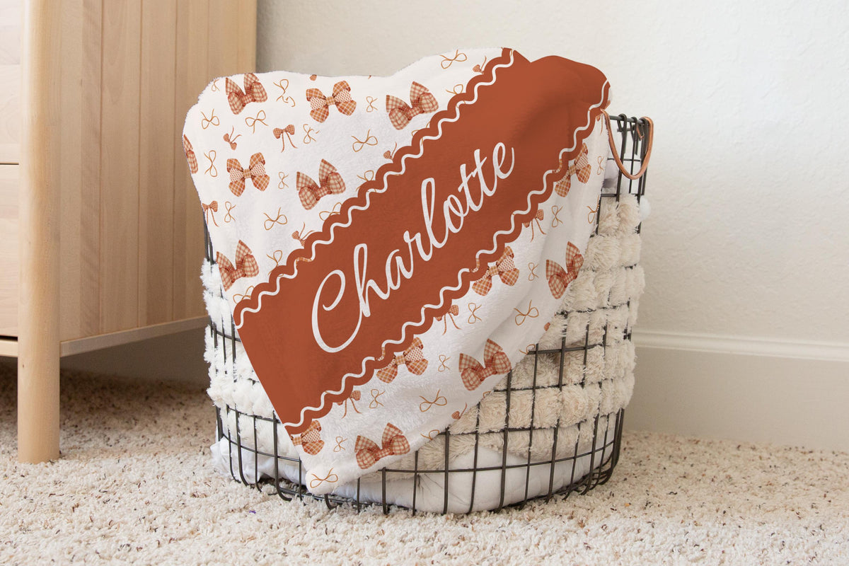 Personalized Baby Blanket: Rust Gingham Bows, Custom Name Fleece