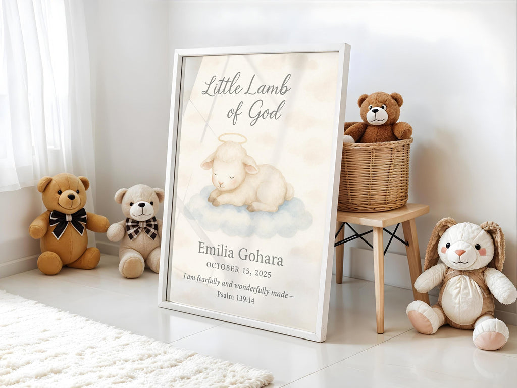 Personalized Baptism Wall Art – “Little Lamb of God” Nursery Print