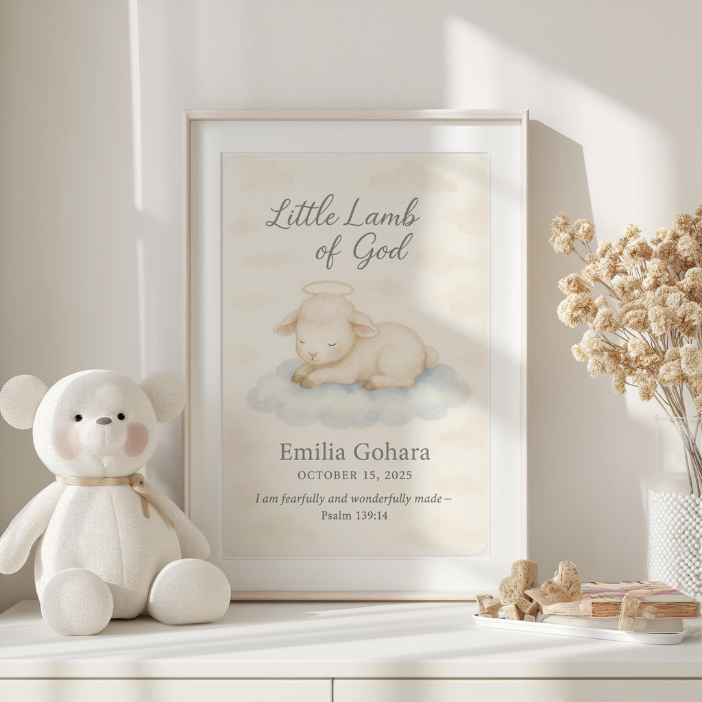 Personalized Baptism Wall Art – “Little Lamb of God” Nursery Print