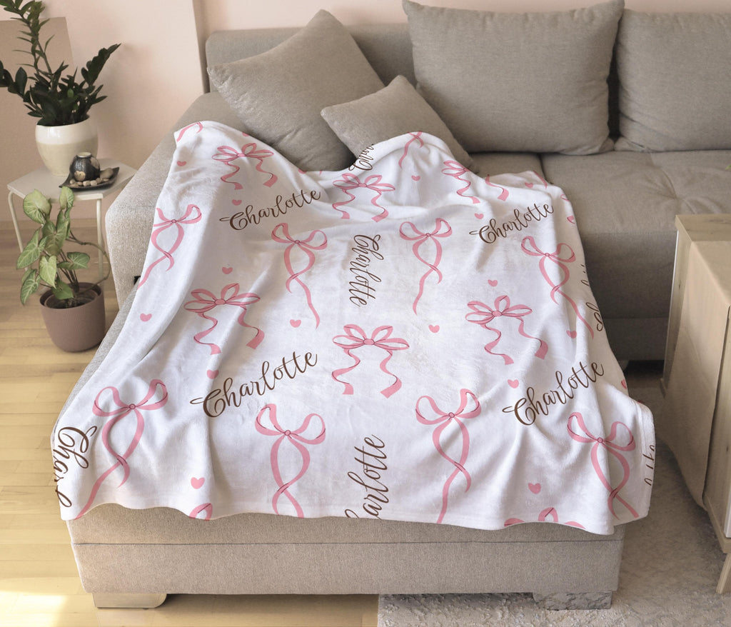 Coquette Pink Bow Personalized Blanket – Custom Name Soft Girl Throw