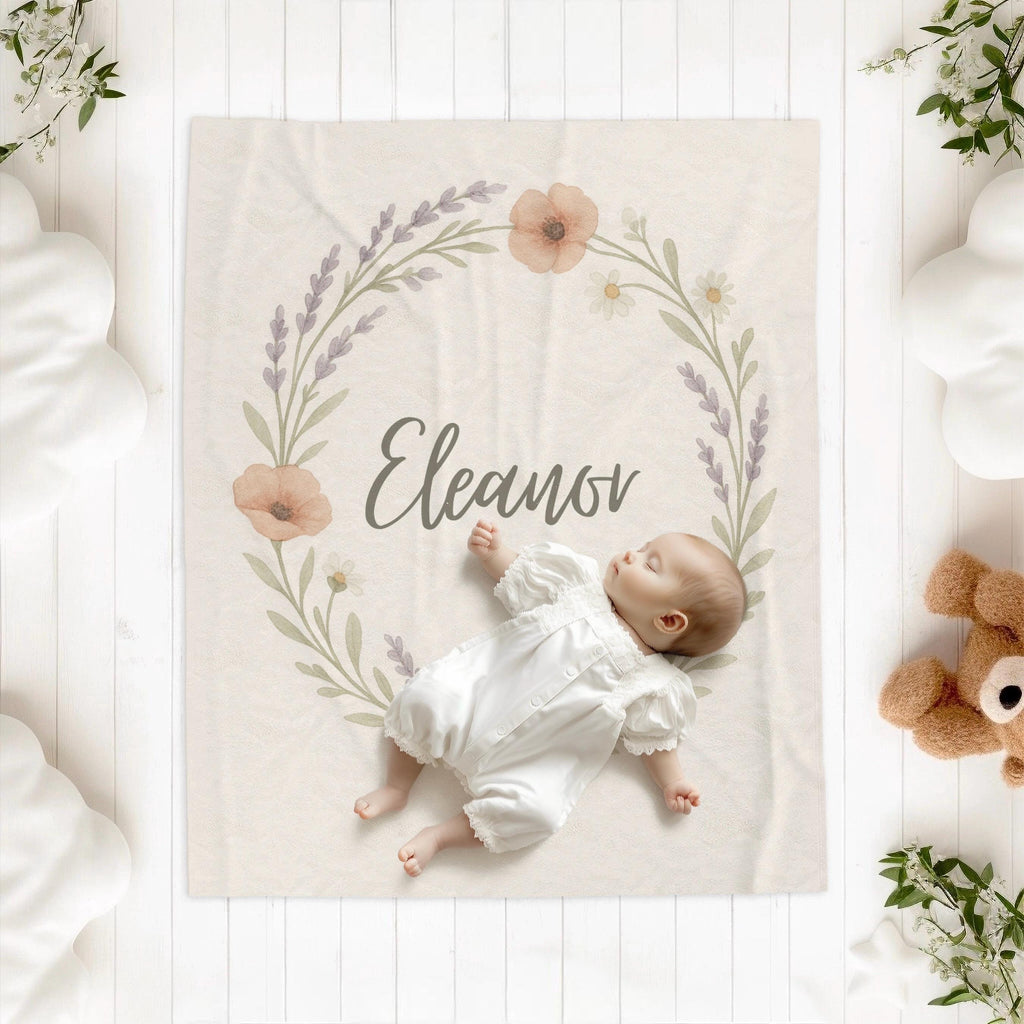 Personalized Baby Girl Blanket with Wildflower Wreath – Custom Name Floral Nursery Blanket