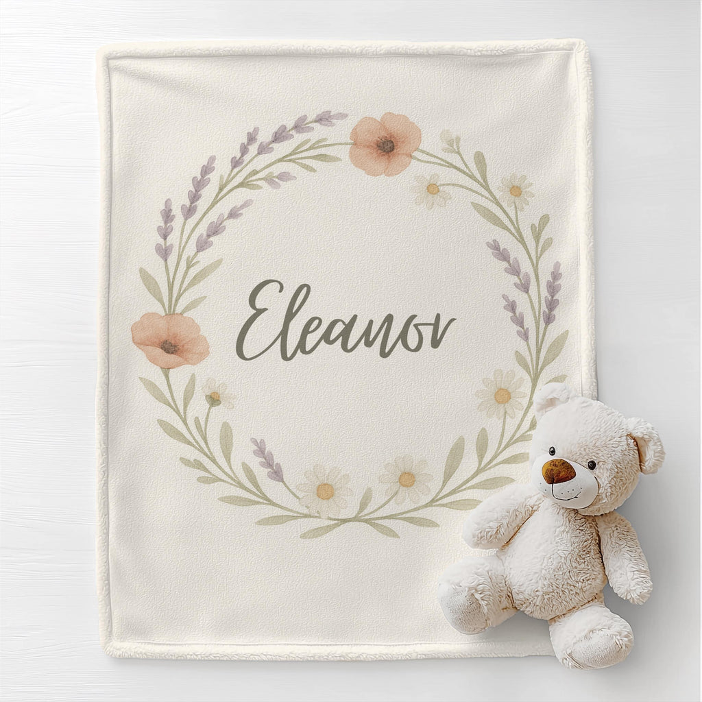 Personalized Baby Girl Blanket with Wildflower Wreath – Custom Name Floral Nursery Blanket