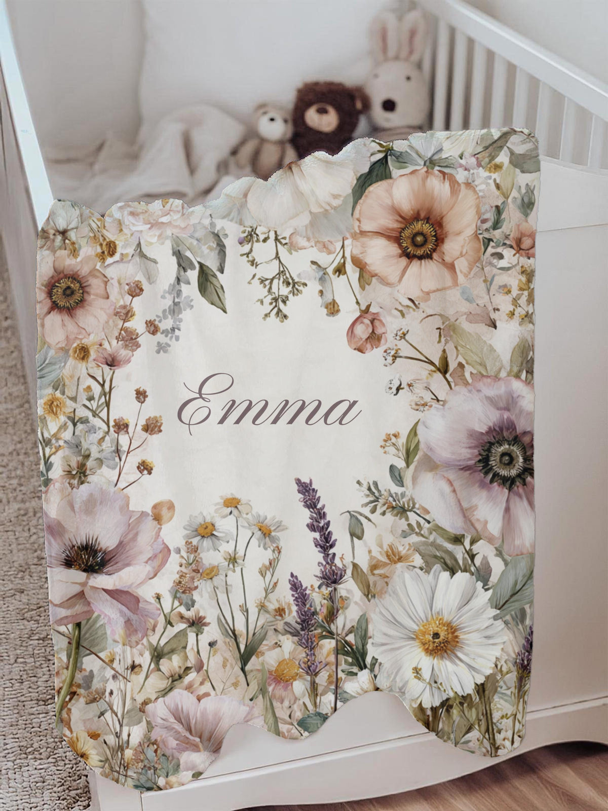 Personalized Floral Baby Blanket: Watercolor Garden Flowers, Custom Name