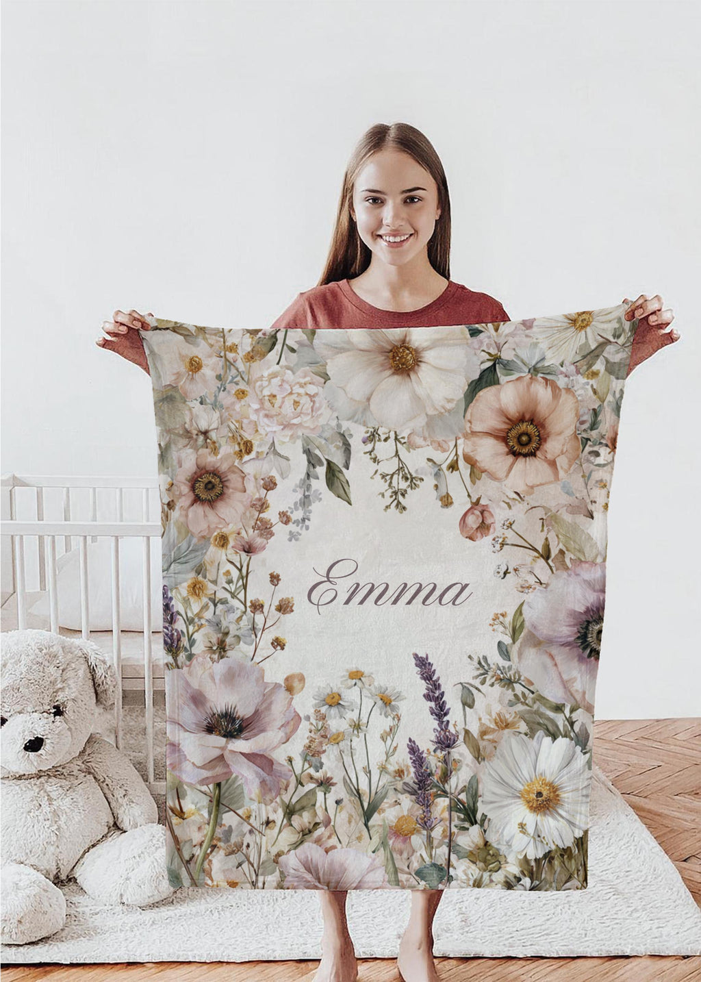 Personalized Floral Baby Blanket: Watercolor Garden Flowers, Custom Name