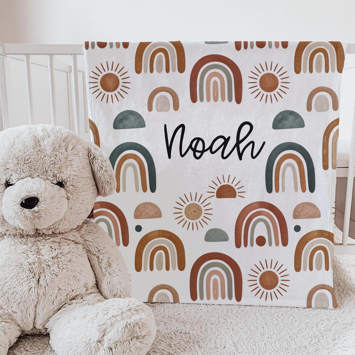 Personalized Boho Rainbow Baby Blanket: Soft Plush Fleece, Custom Name