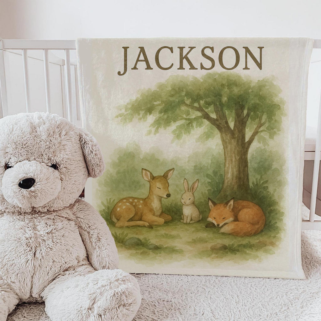 Personalized Woodland Baby Blanket: Soft Fleece, Deer, Fox & Bunny