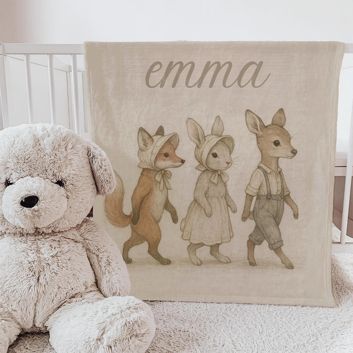 Personalized Woodland Baby Blanket: Vintage Fox, Bunny & Deer