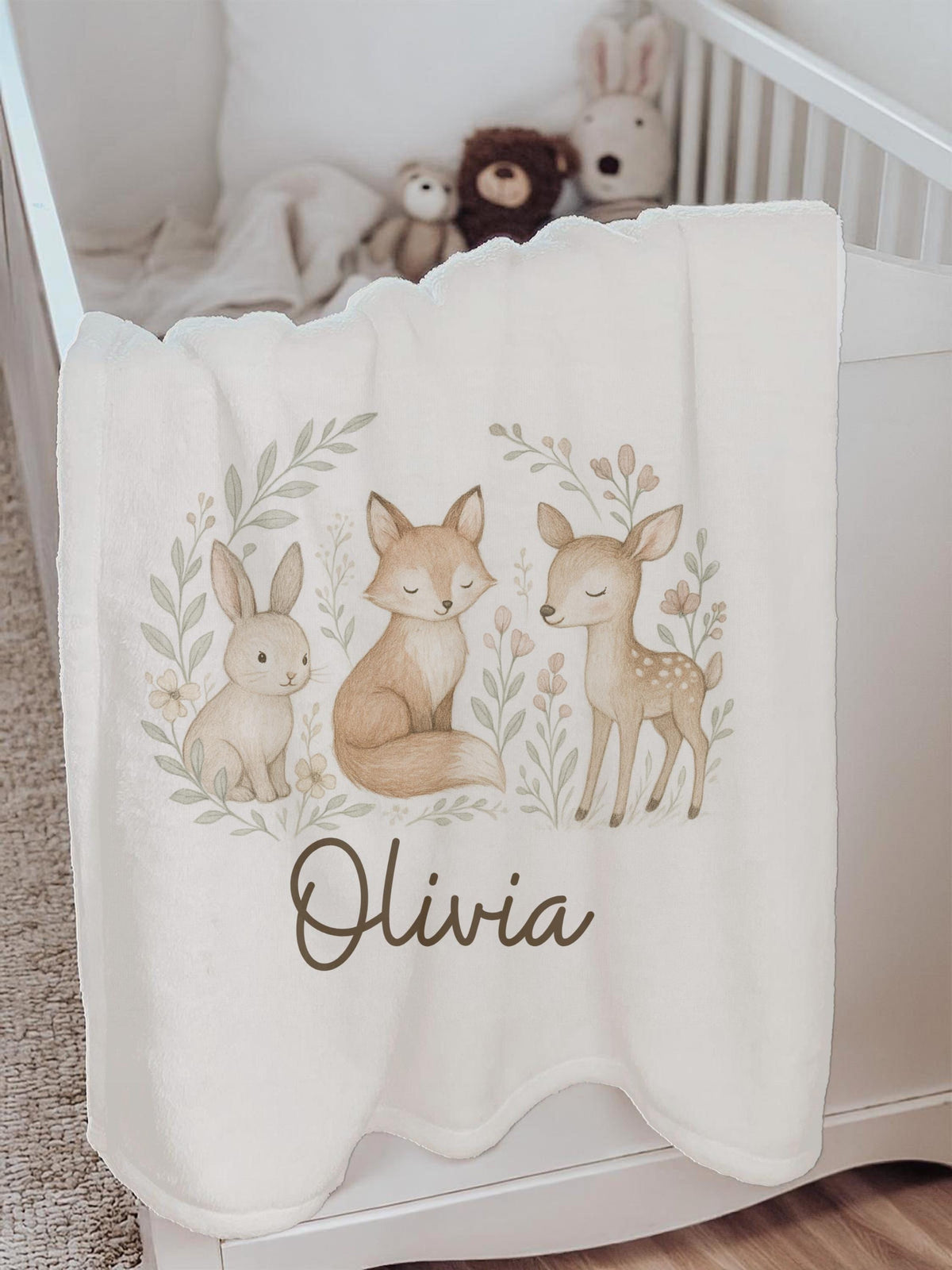 Personalized Woodland Baby Blanket: Bunny, Fox & Deer Nursery Decor