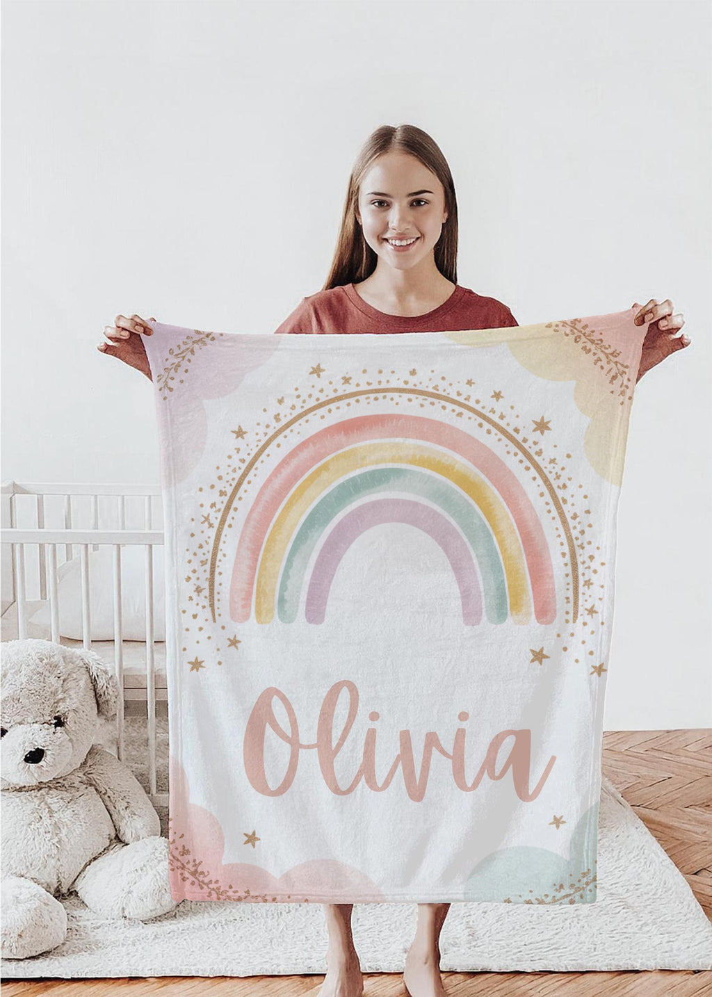 Personalized Rainbow Blanket: Soft Fleece, Custom Name, Pastel Colors
