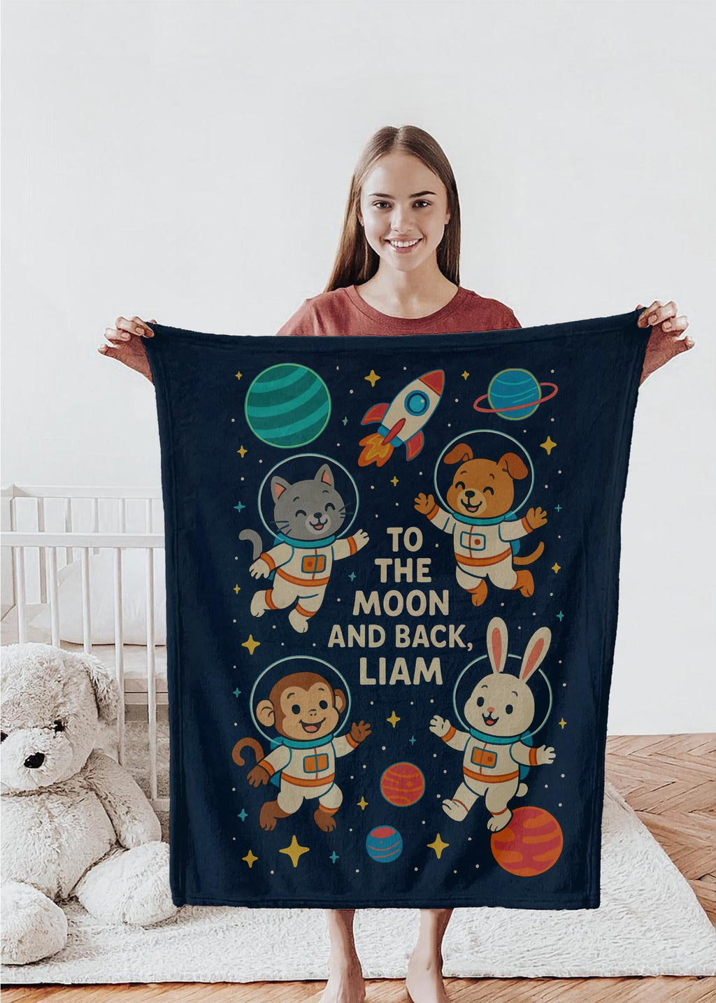 Personalized Space Adventure Baby Blanket: Astronaut Animals Nursery Decor